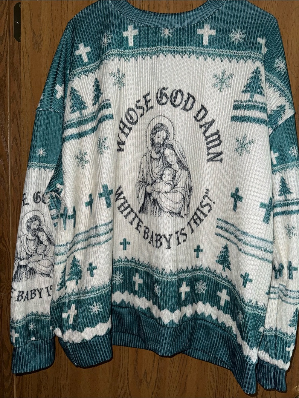 Teal and White Graphic Knit Sweater - Religious Motif